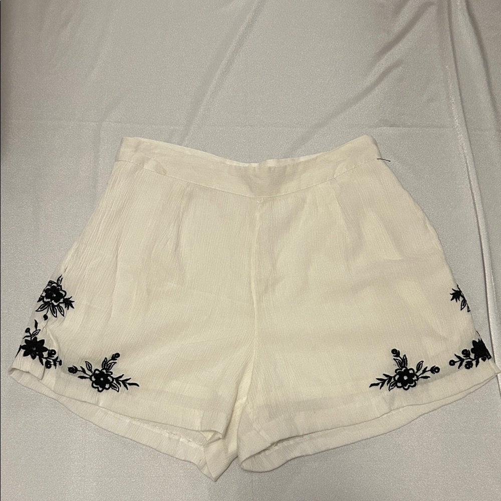 Free People White Shorts with Black Floral Embroidery